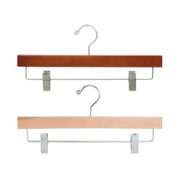 Wood adult skirt or pant hangers, 14" wide, with metal bar with clips (sold in boxes of 100)