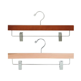 Wood adult skirt or pant hangers, 14" wide, with metal bar with clips (sold in boxes of 100)