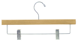 14" Flat Wood Pant or Skirt Hangers, Natural, W/ Chrome Bar and Clips (100)