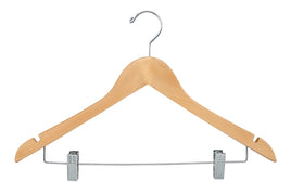 Wishbone Wood Hangers w/ Chrome Hook and Metal Bar w/ Clips, 17", (100)